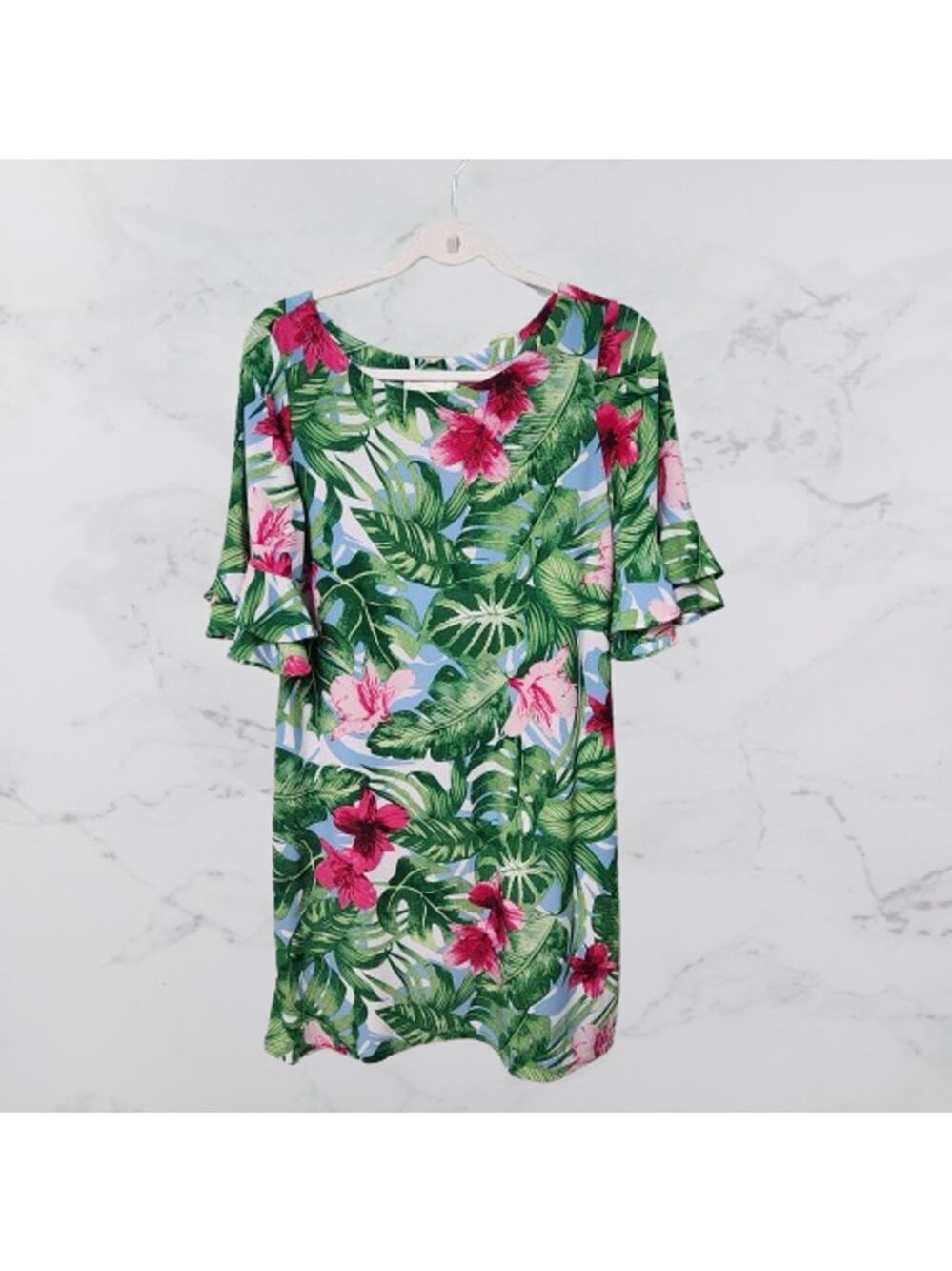 Pappagallo Small Tropical Floral Print Dress Ruffle Sleeve
